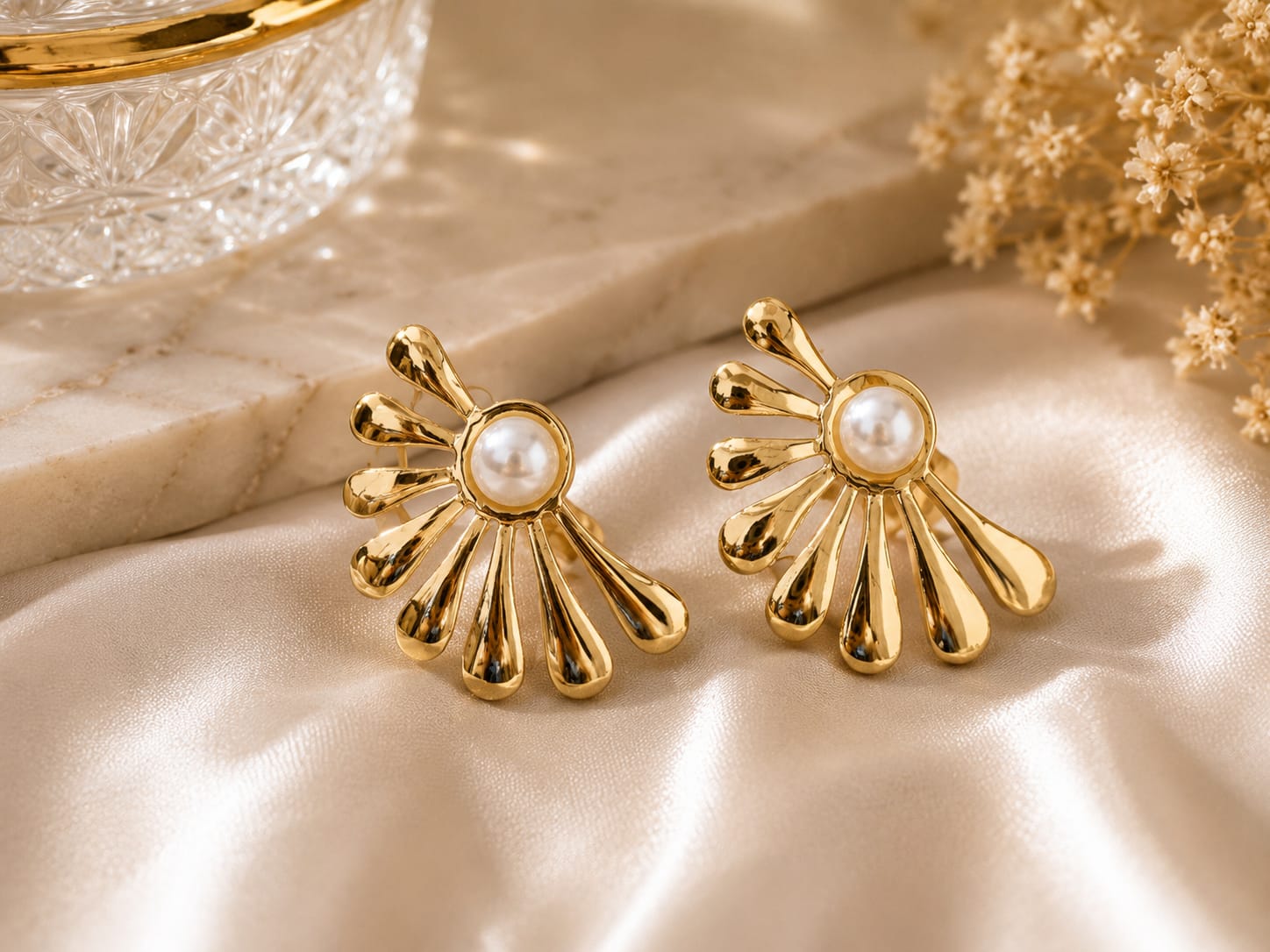 Golden Pearl Fan Stud Earrings