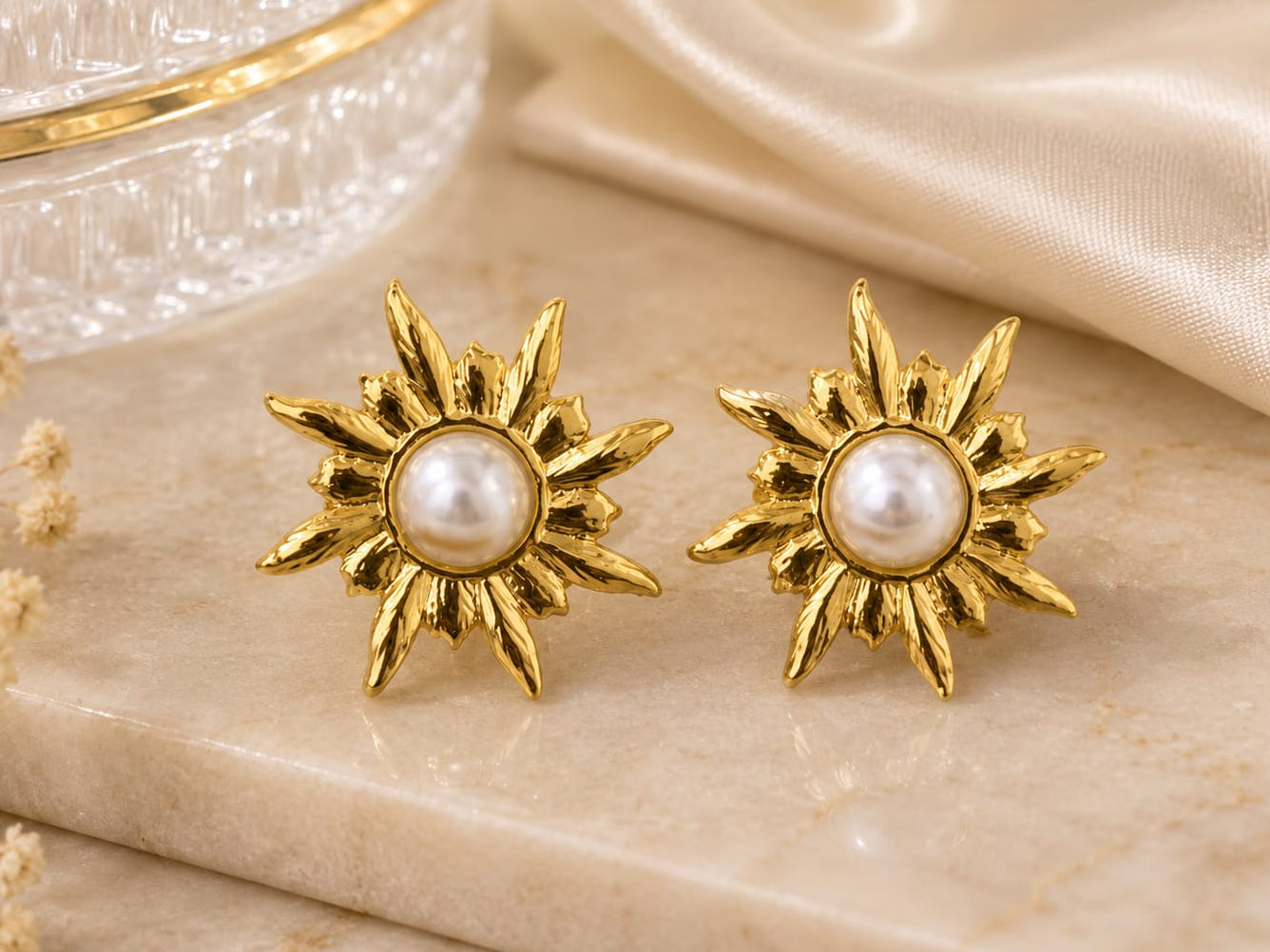 Golden Sun Pearl Stud Earrings
