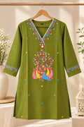 Olive Green Peacock Embroidered Cotton Kurti