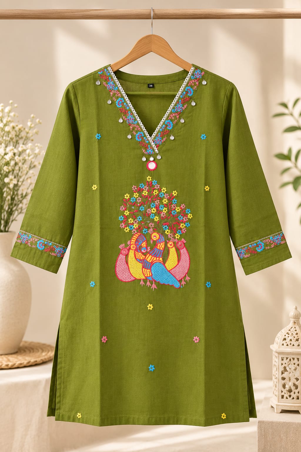 Olive Green Peacock Embroidered Cotton Kurti