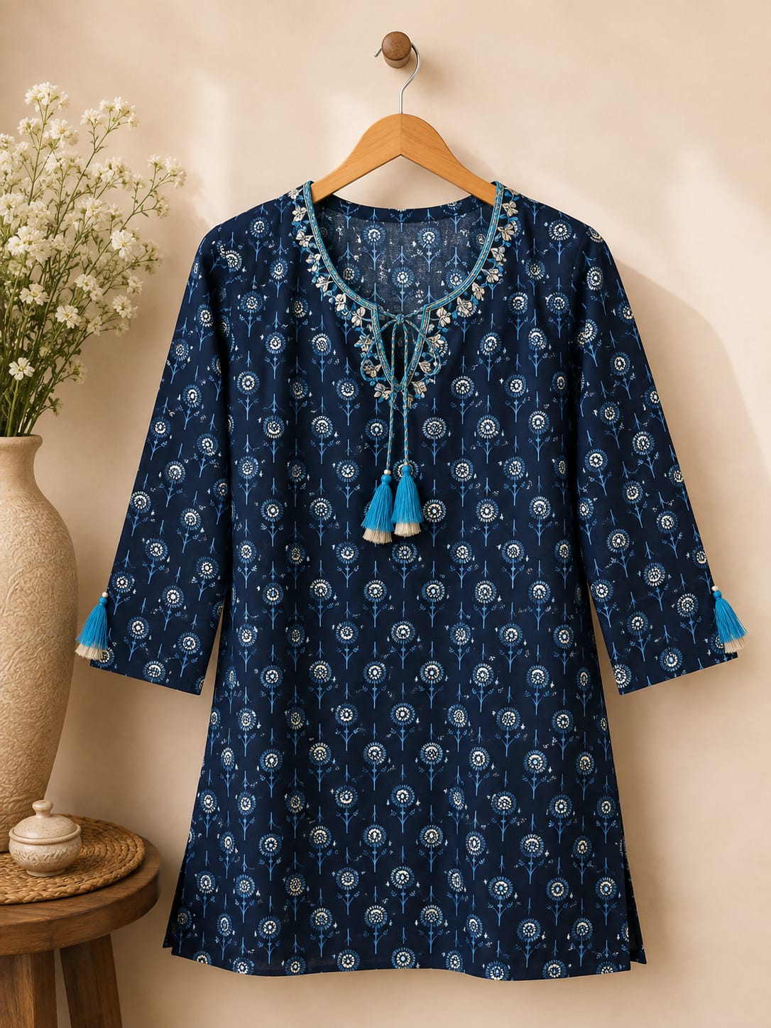 Navy Blue Printed Cotton Kurti with Tassel Neck