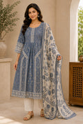Sky Blue Floral Cotton Suit Set with Dupatta
