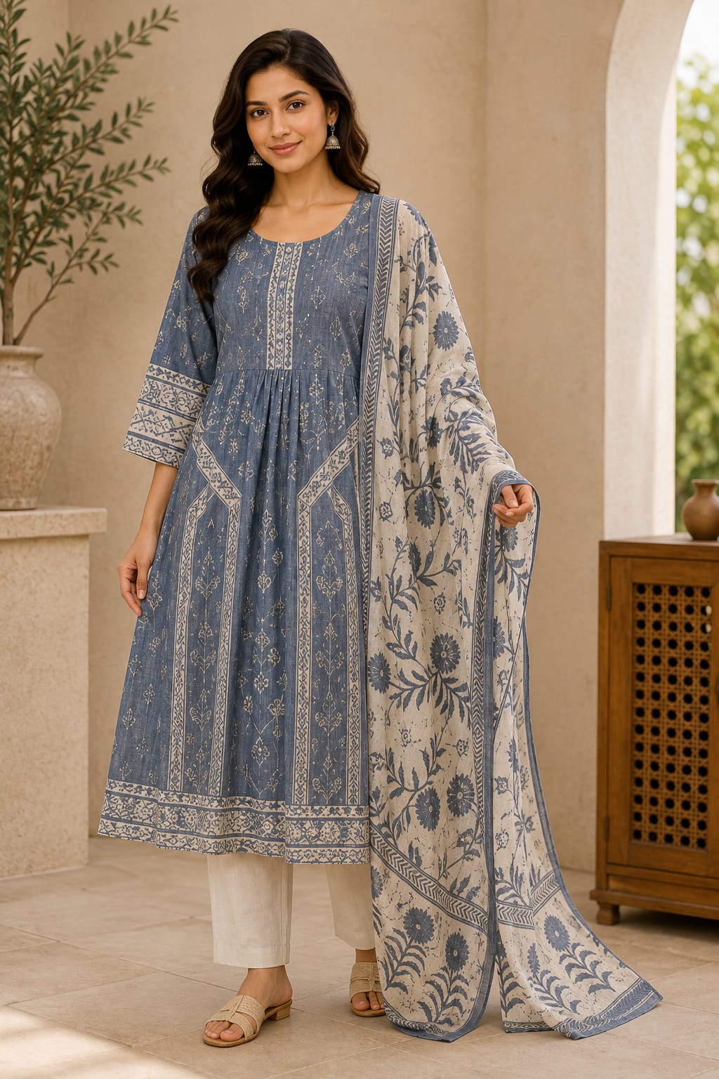 Sky Blue Floral Cotton Suit Set with Dupatta