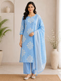 Sky Blue Printed Cotton Suit Set with Dupatta