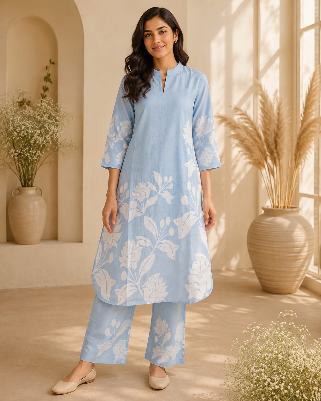 Sky Blue Floral Soft Cotton Suit Set