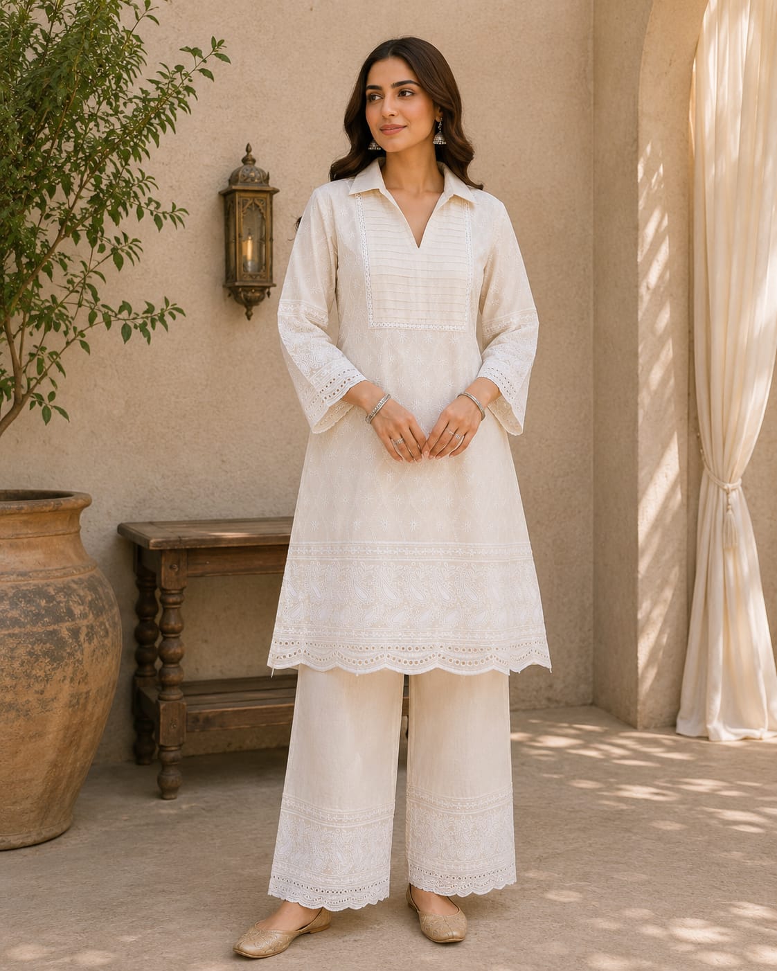 White Lace Detail Suit Set