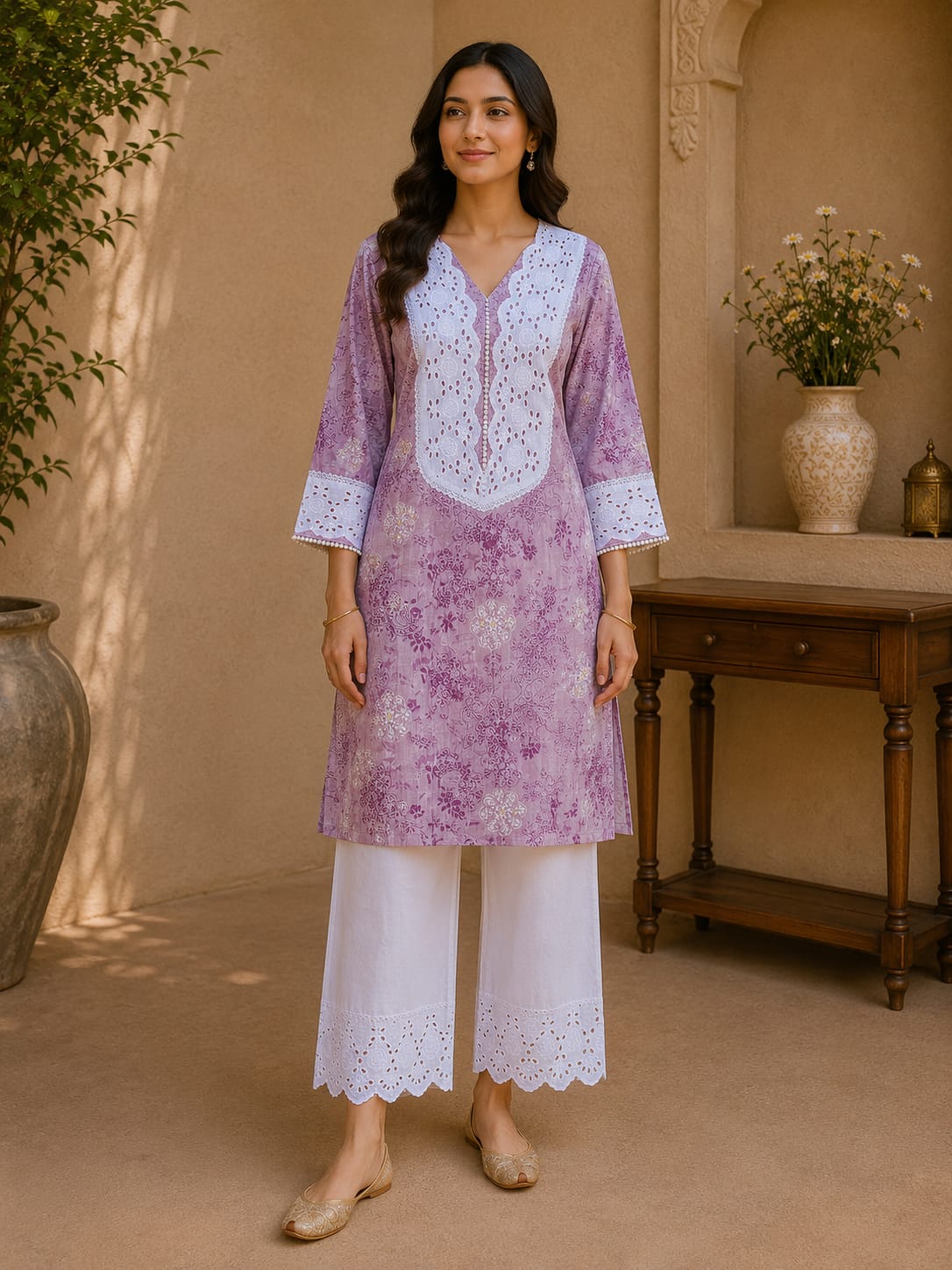 Floral Cotton Kurta Set with Lace