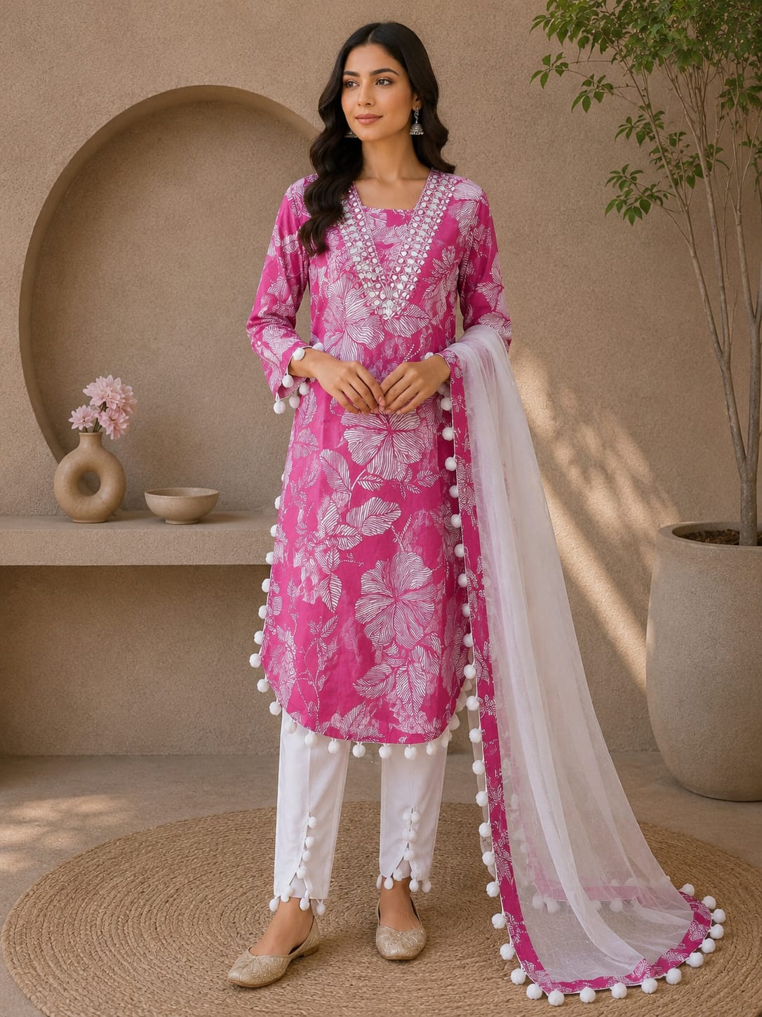 Pink Floral Printed Kurti Set with Dupatta