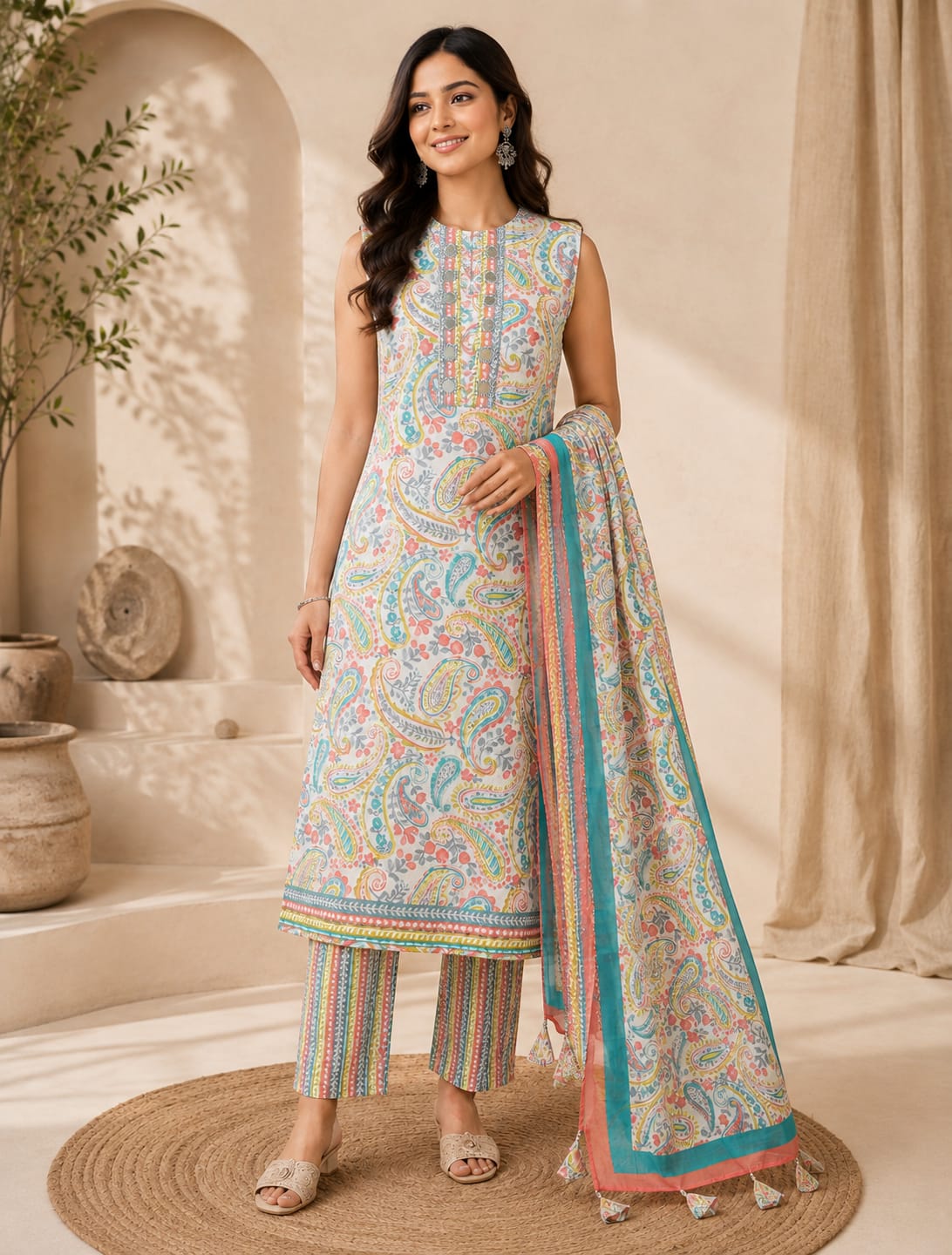 Multicolor Printed Suit Set with Dupatta