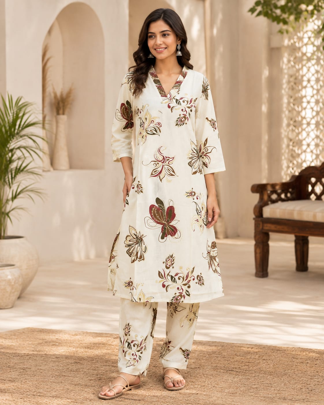Elegant Ivory Bloom Printed Suit Set