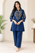 Navy Blue Floral Embroidered Co-ord Set