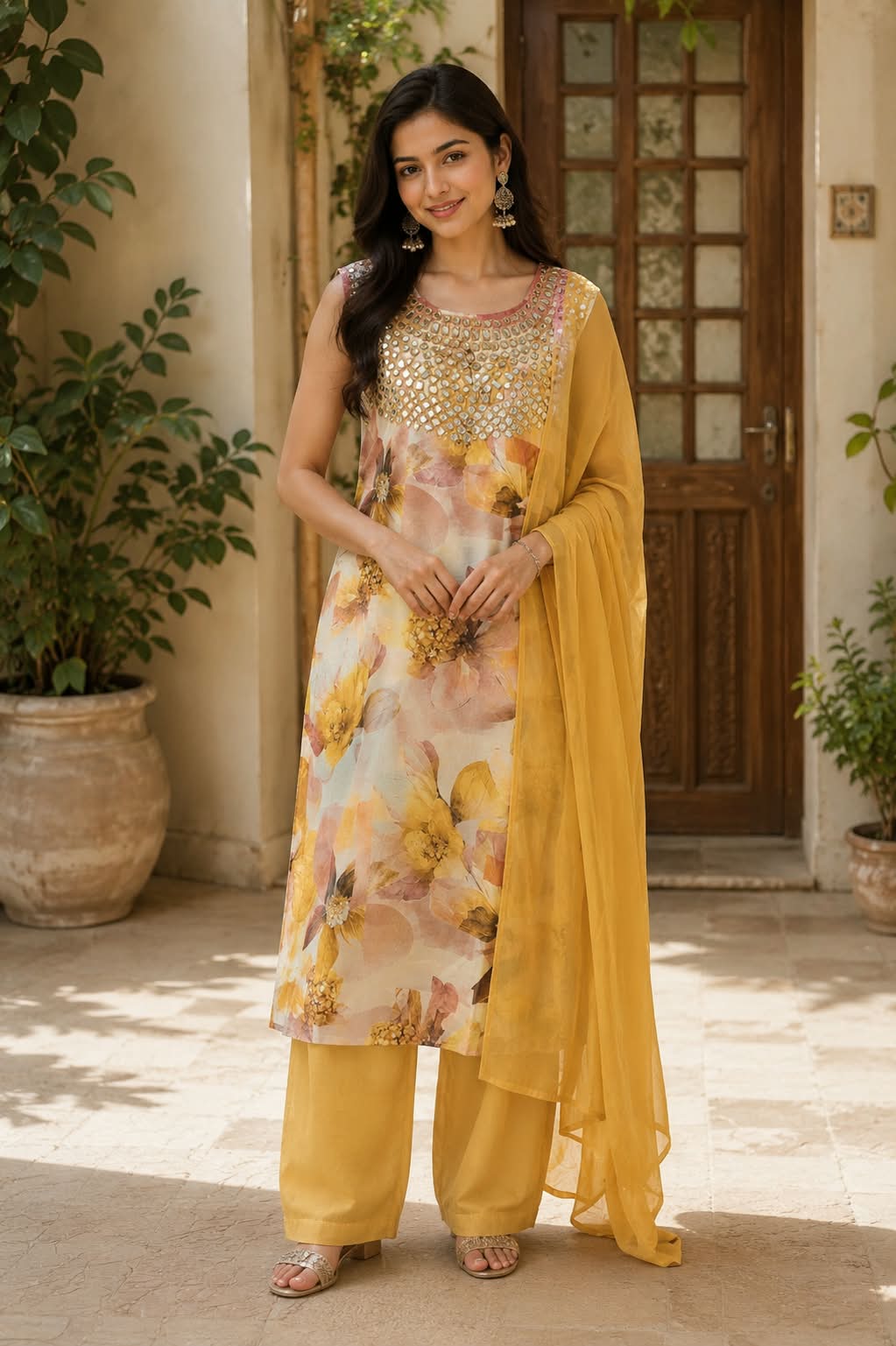 Premium Floral Printed Kurta Suit Set with Mirror Work & Dupatta