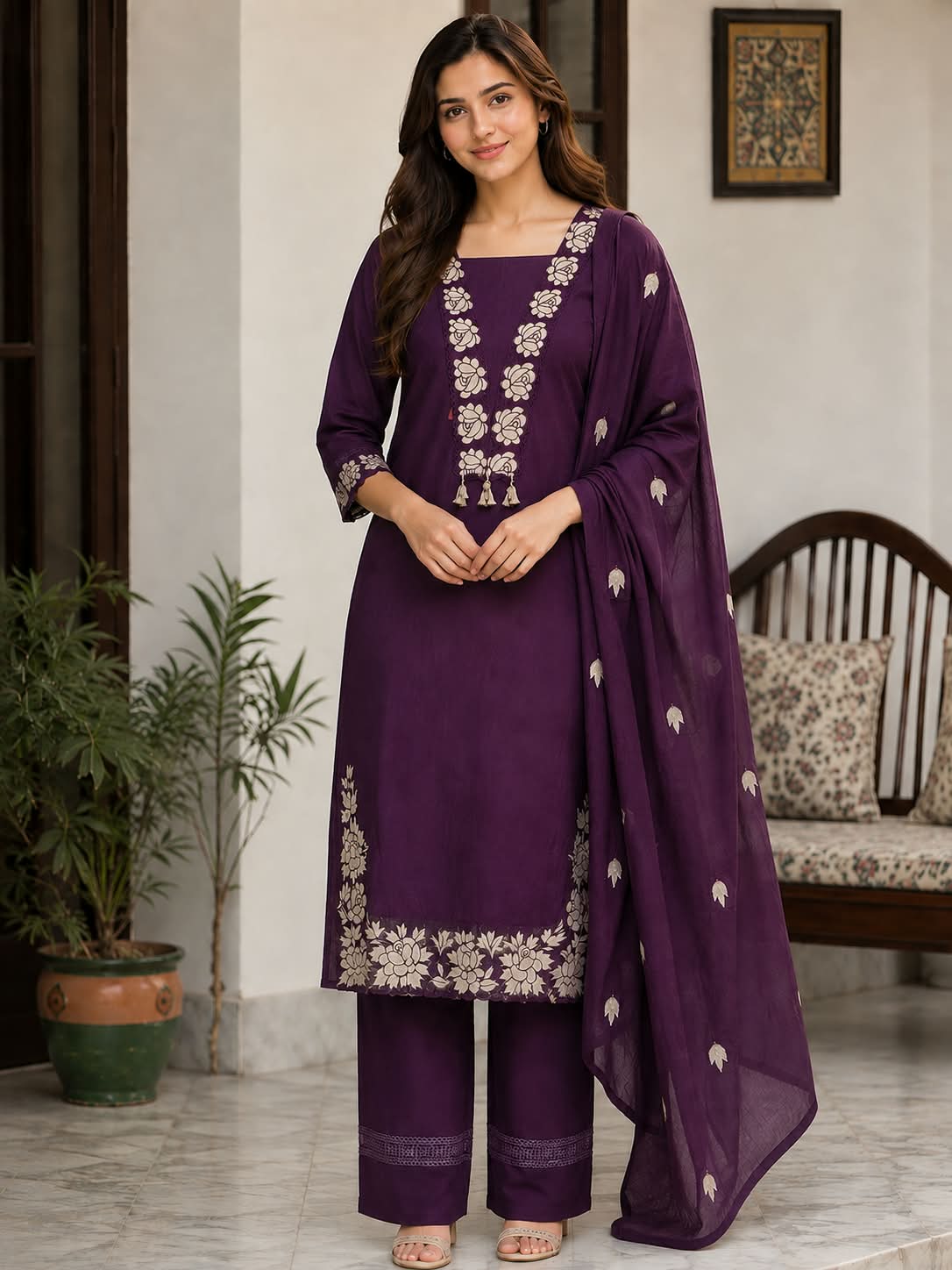 Elegant Embroidered Cotton Suit Set with Dupatta