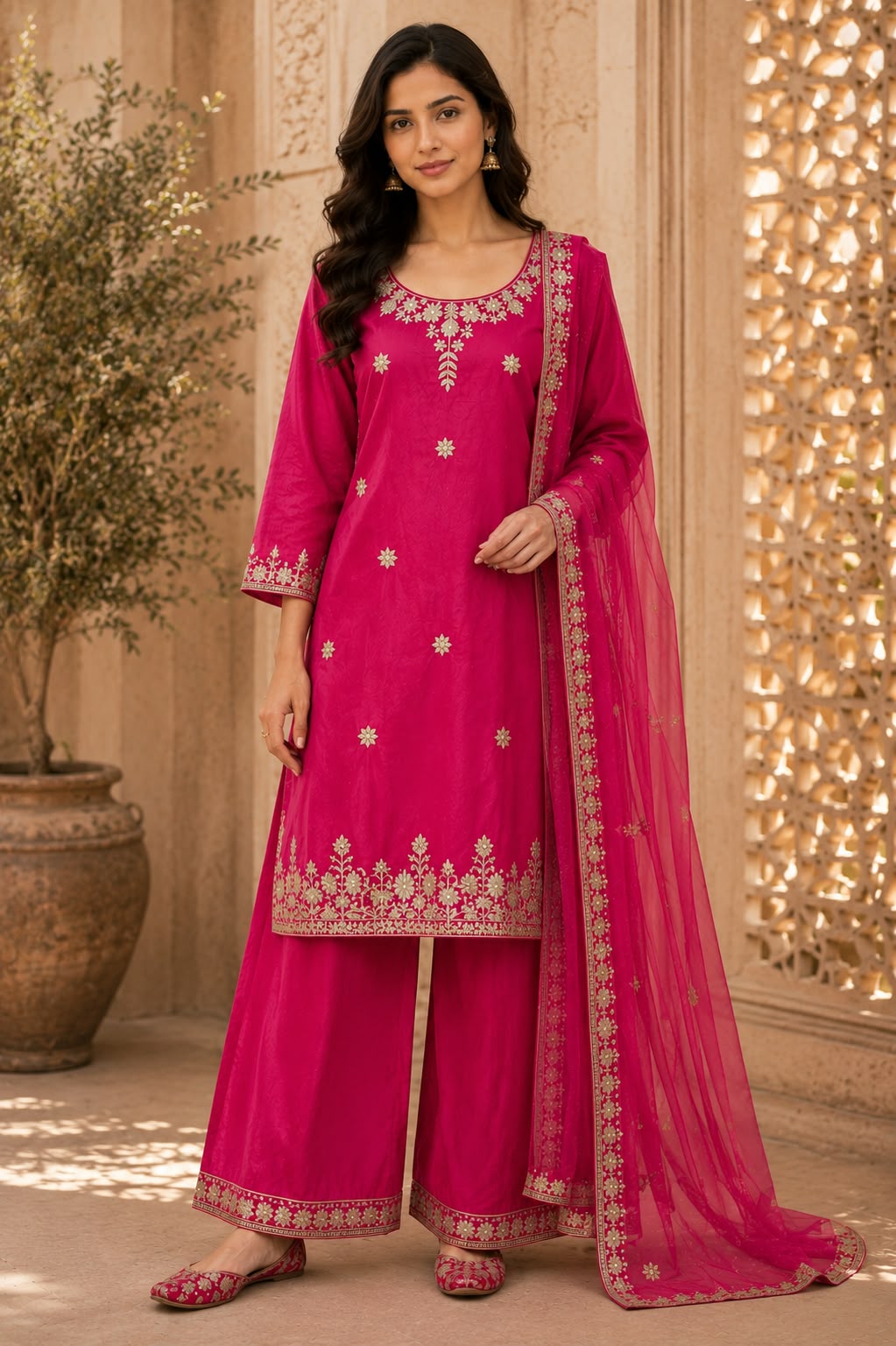 Embroidered Kurta Palazzo Suit Set with Dupatta