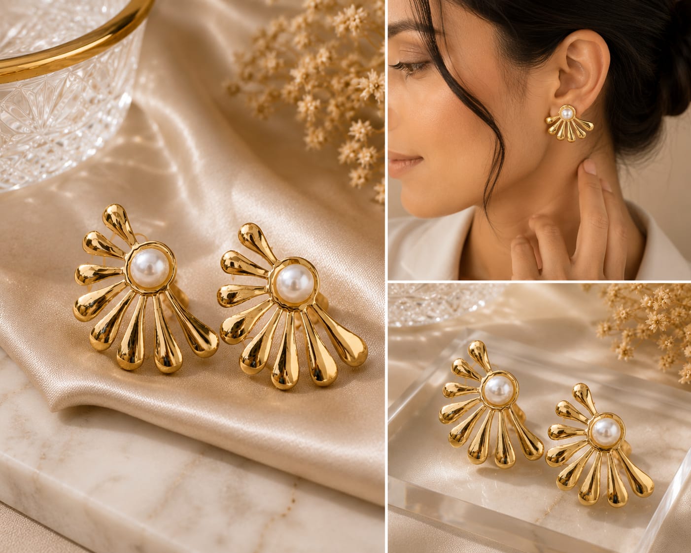 Golden Pearl Fan Stud Earrings