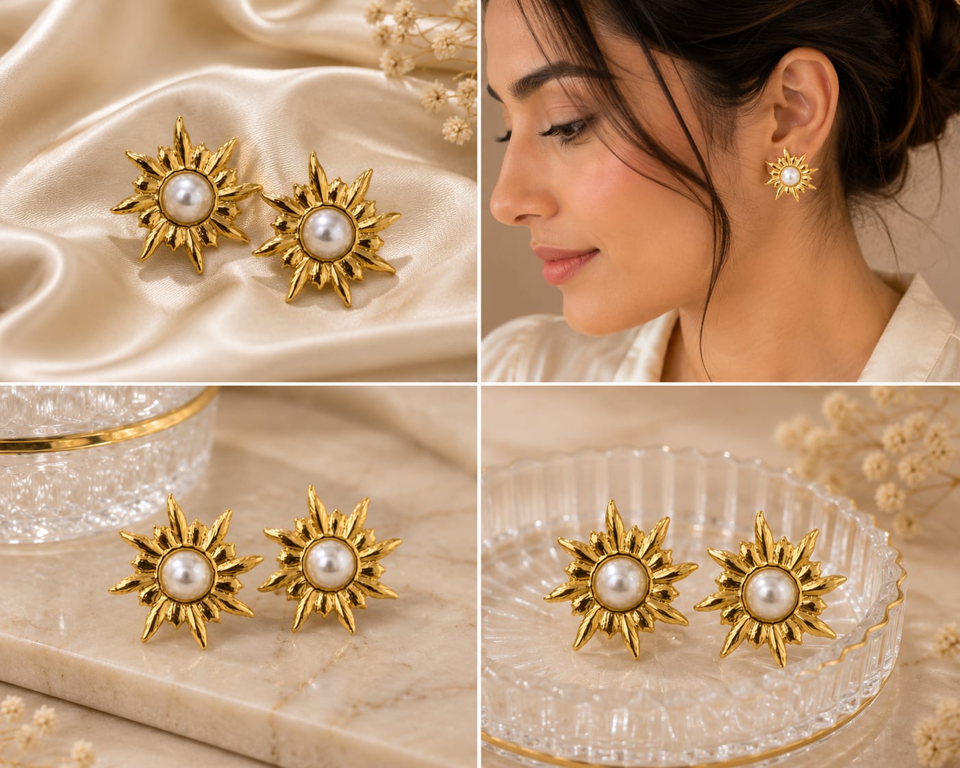 Golden Sun Pearl Stud Earrings
