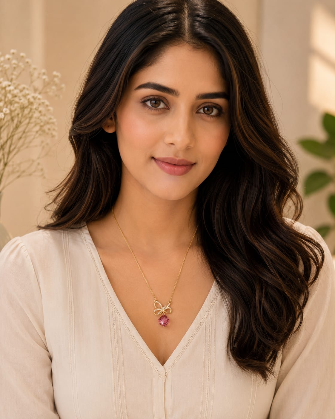 Pink Crystal Bow Pendant Necklace