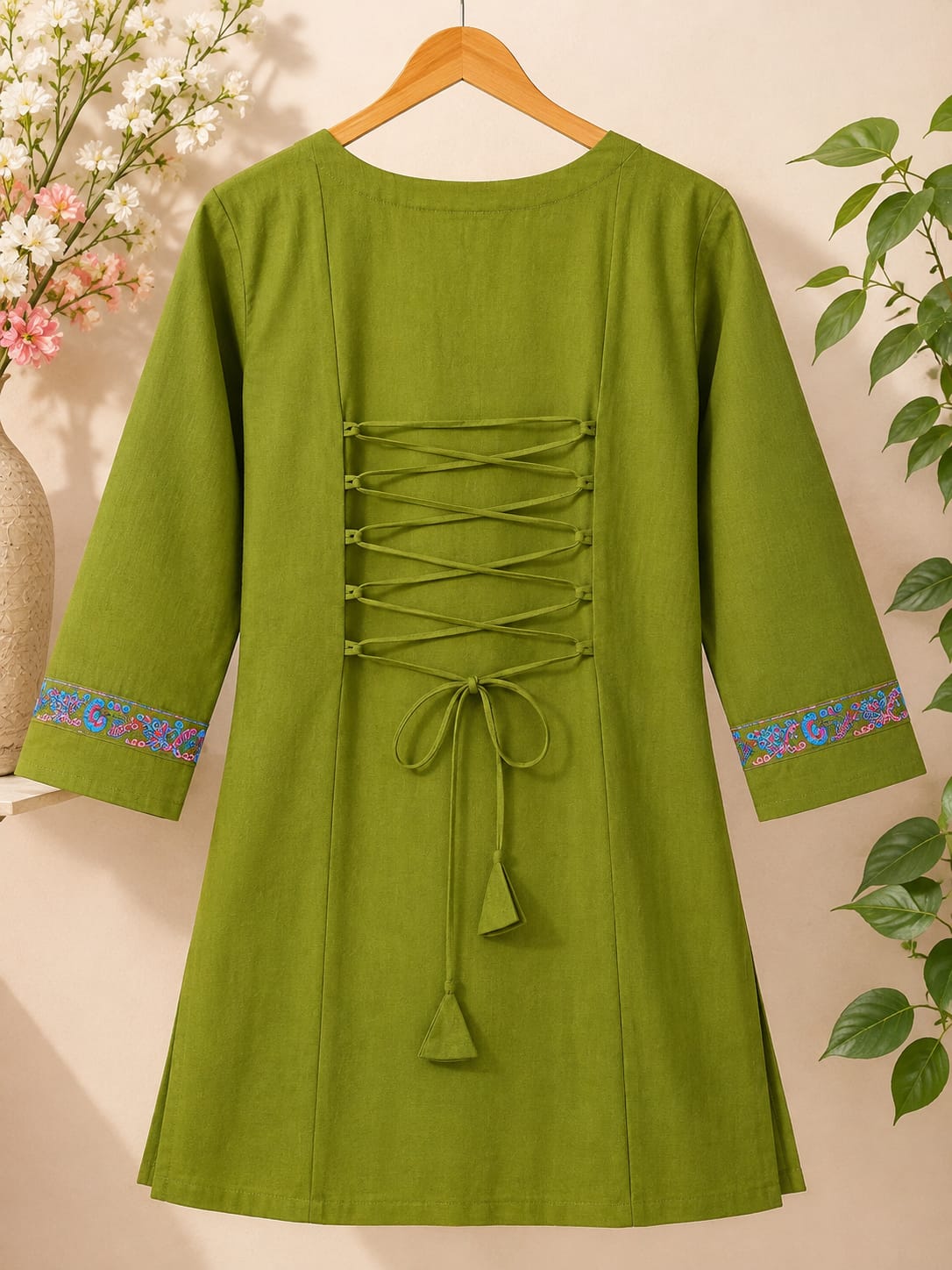 Olive Green Peacock Embroidered Cotton Kurti