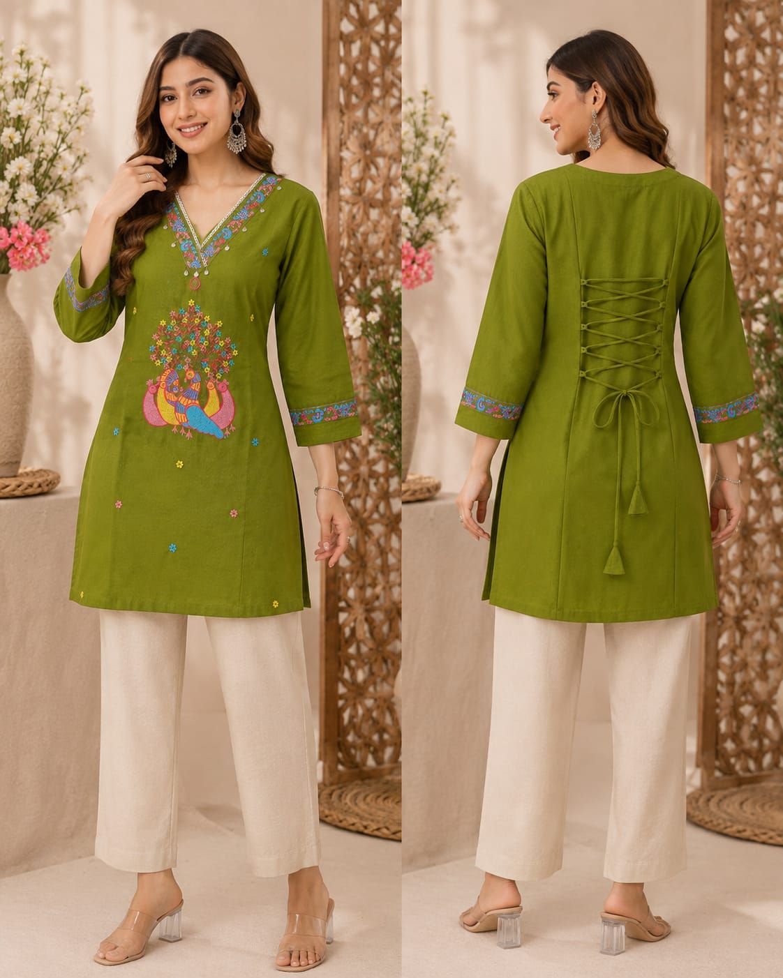 Olive Green Peacock Embroidered Cotton Kurti