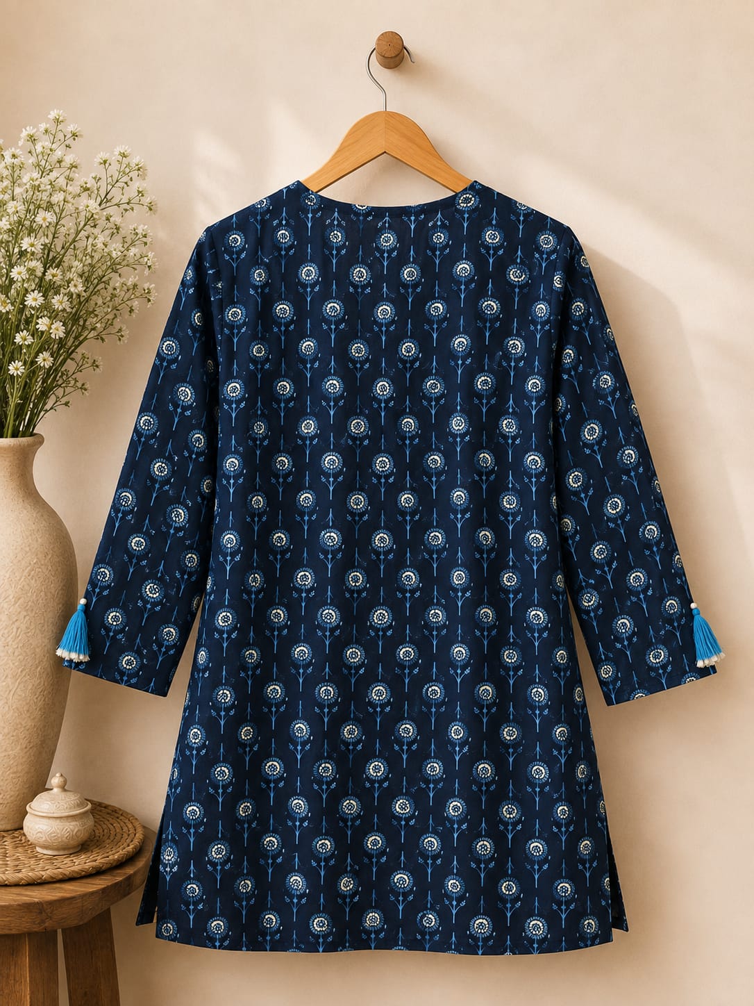 Navy Blue Printed Cotton Kurti with Tassel Neck