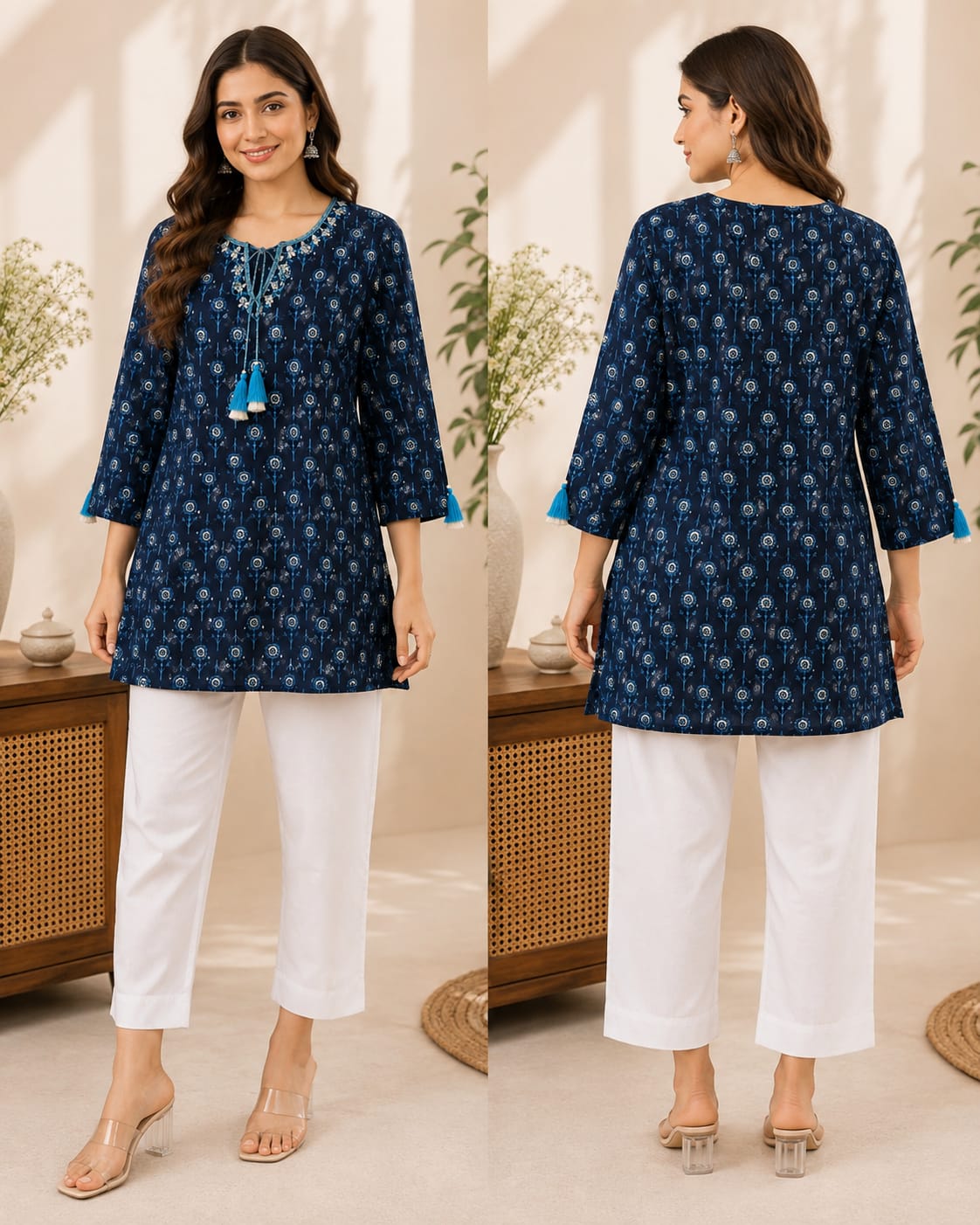 Navy Blue Printed Cotton Kurti with Tassel Neck