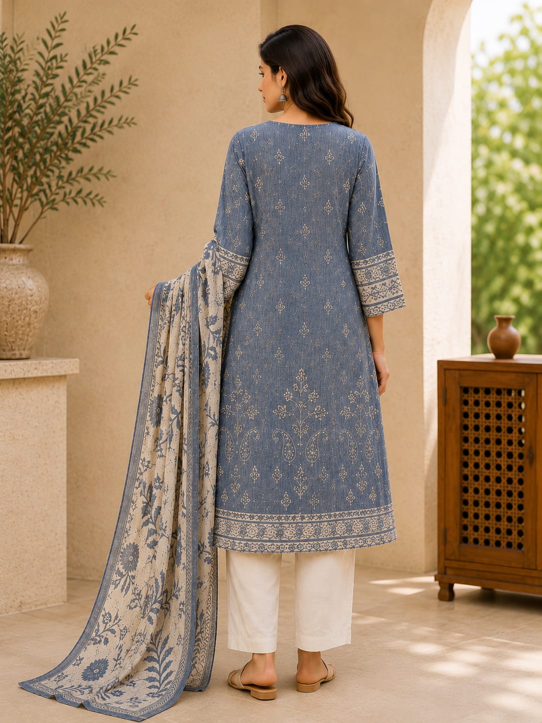 Sky Blue Floral Cotton Suit Set with Dupatta