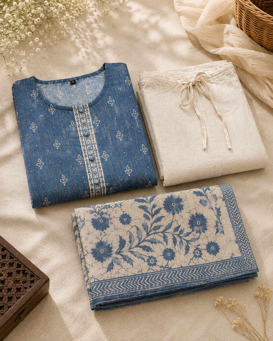 Sky Blue Floral Cotton Suit Set with Dupatta