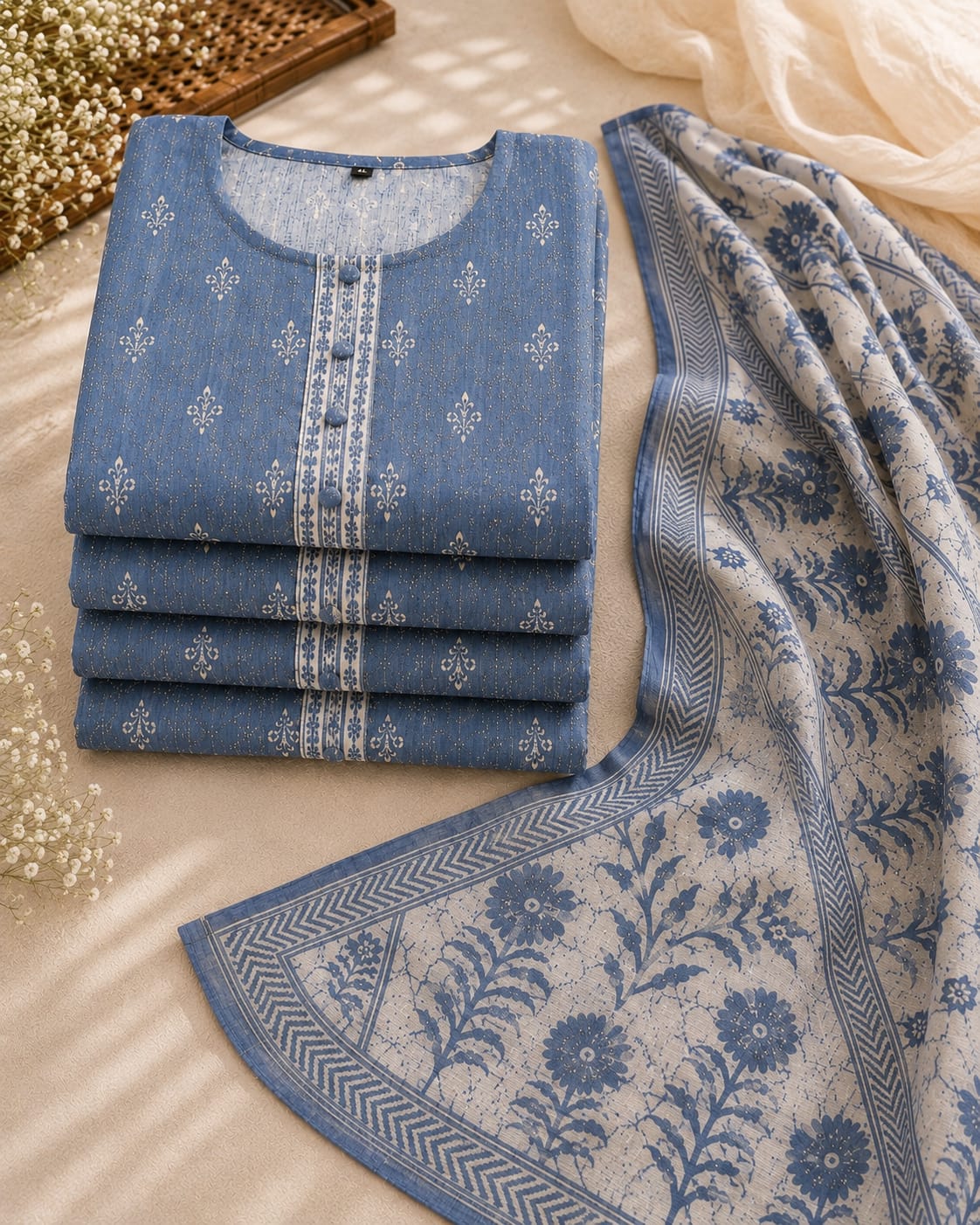 Sky Blue Floral Cotton Suit Set with Dupatta
