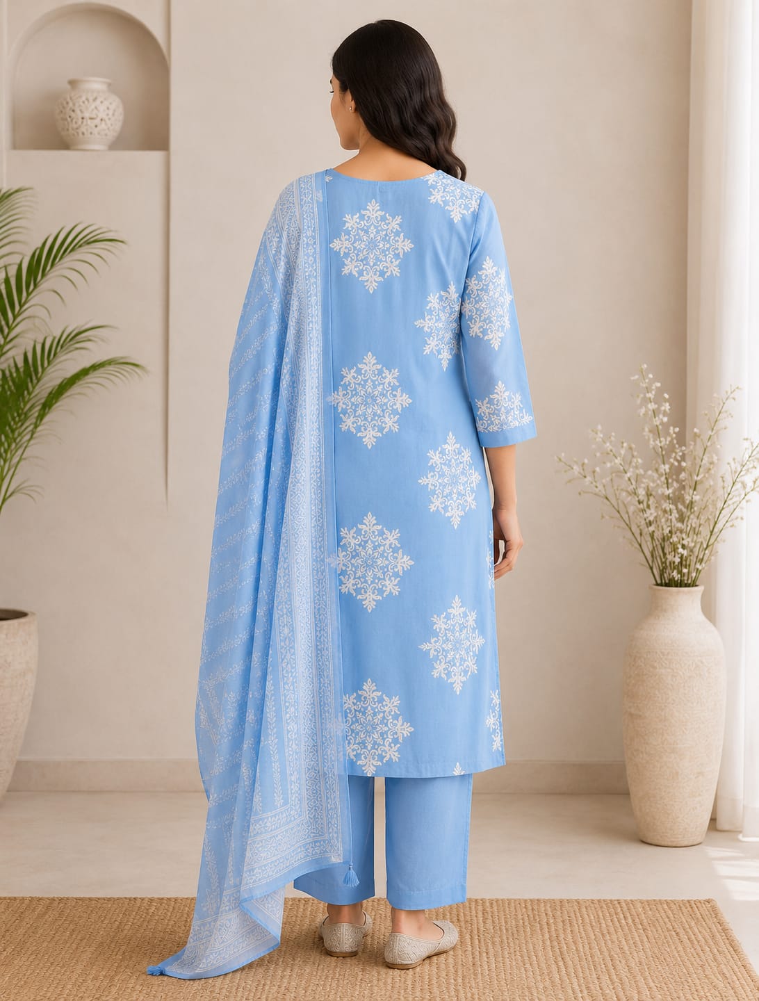 Sky Blue Printed Cotton Suit Set with Dupatta