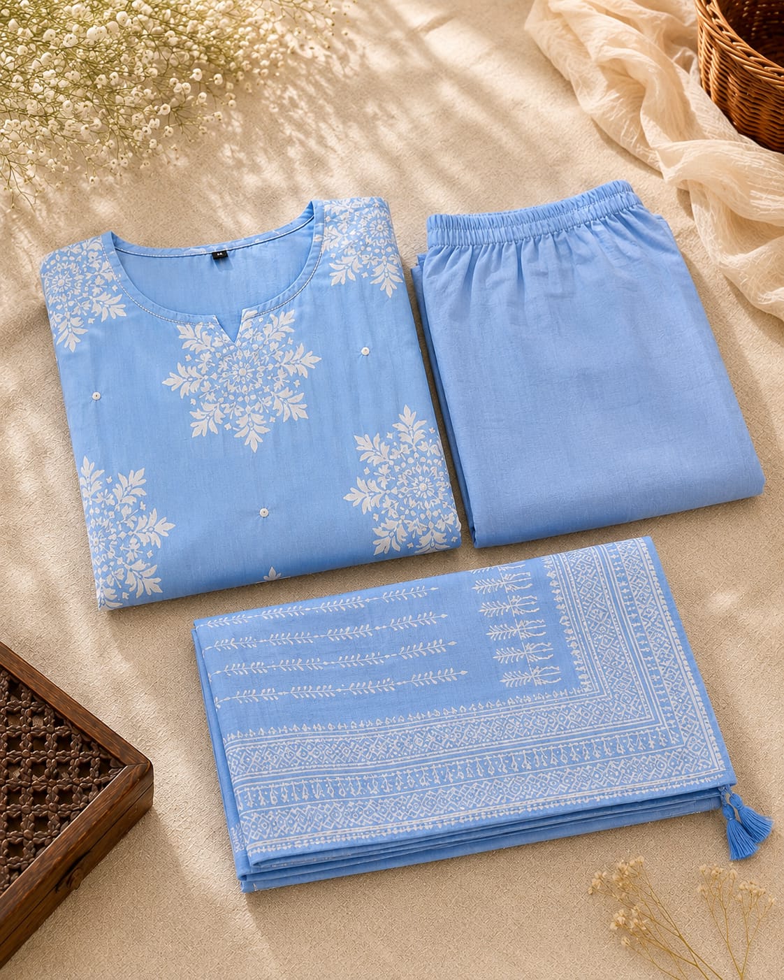 Sky Blue Printed Cotton Suit Set with Dupatta