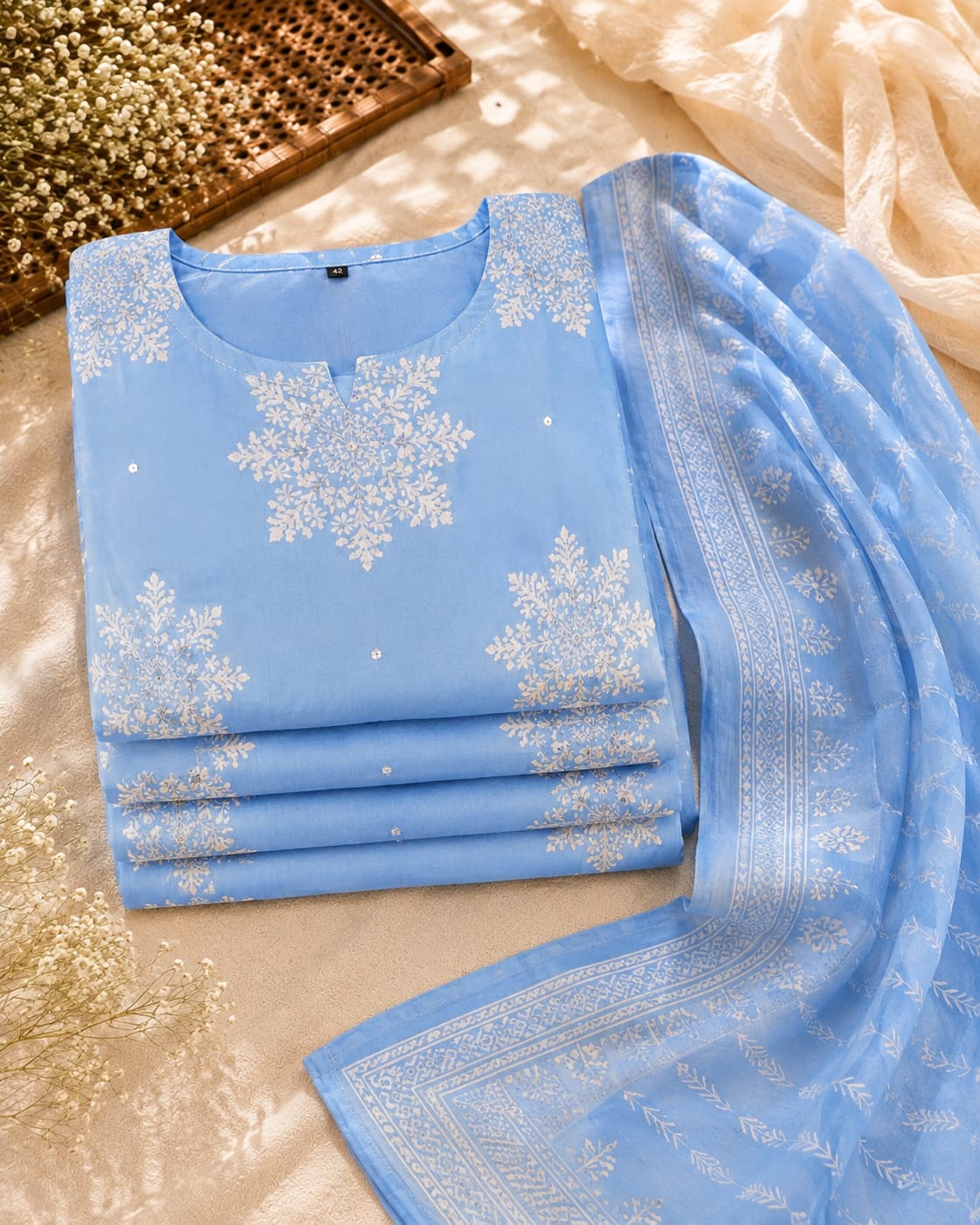 Sky Blue Printed Cotton Suit Set with Dupatta