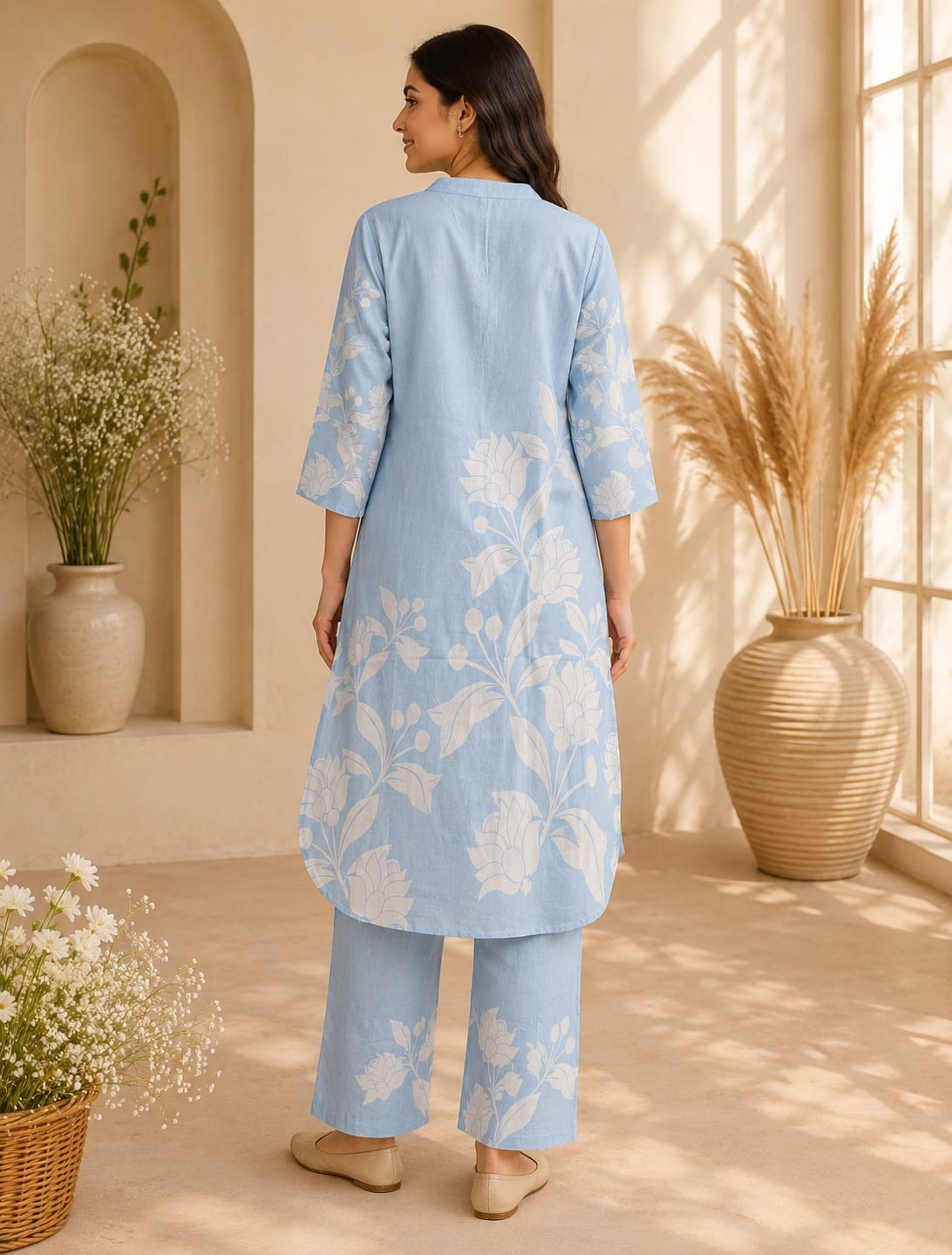 Sky Blue Floral Soft Cotton Suit Set