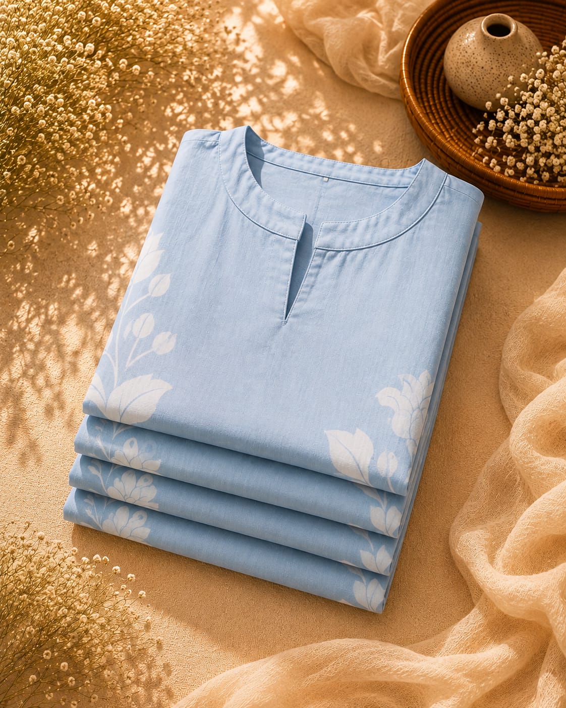 Sky Blue Floral Soft Cotton Suit Set