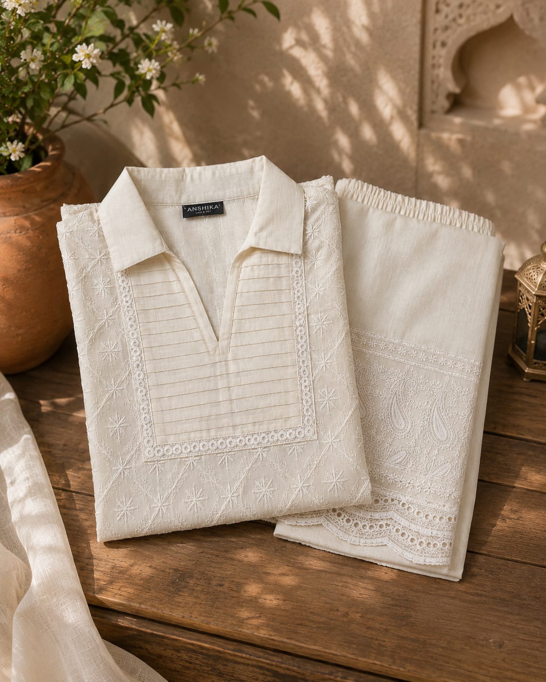 White Lace Detail Suit Set