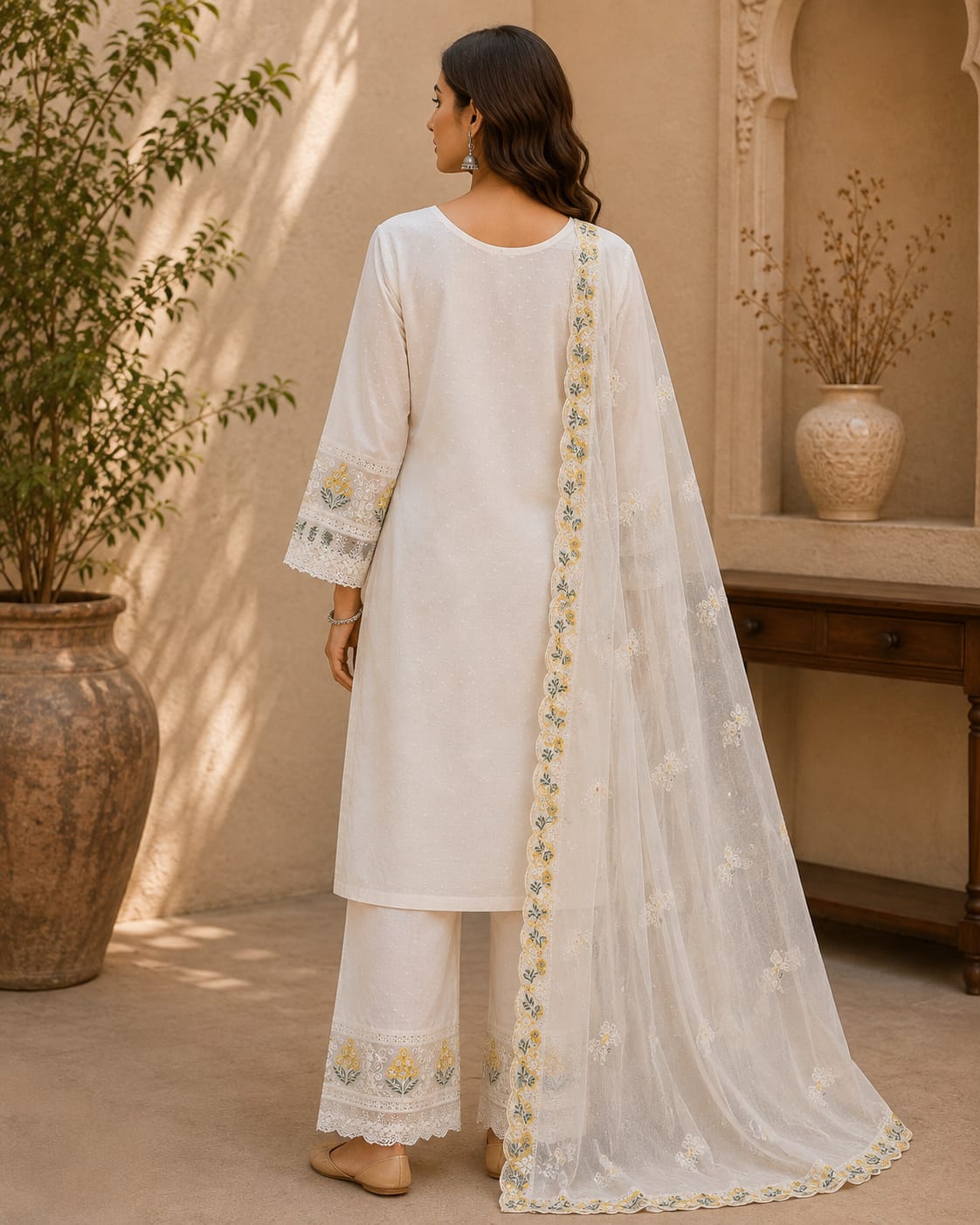Floral Embroidered Suit Set with Dupatta