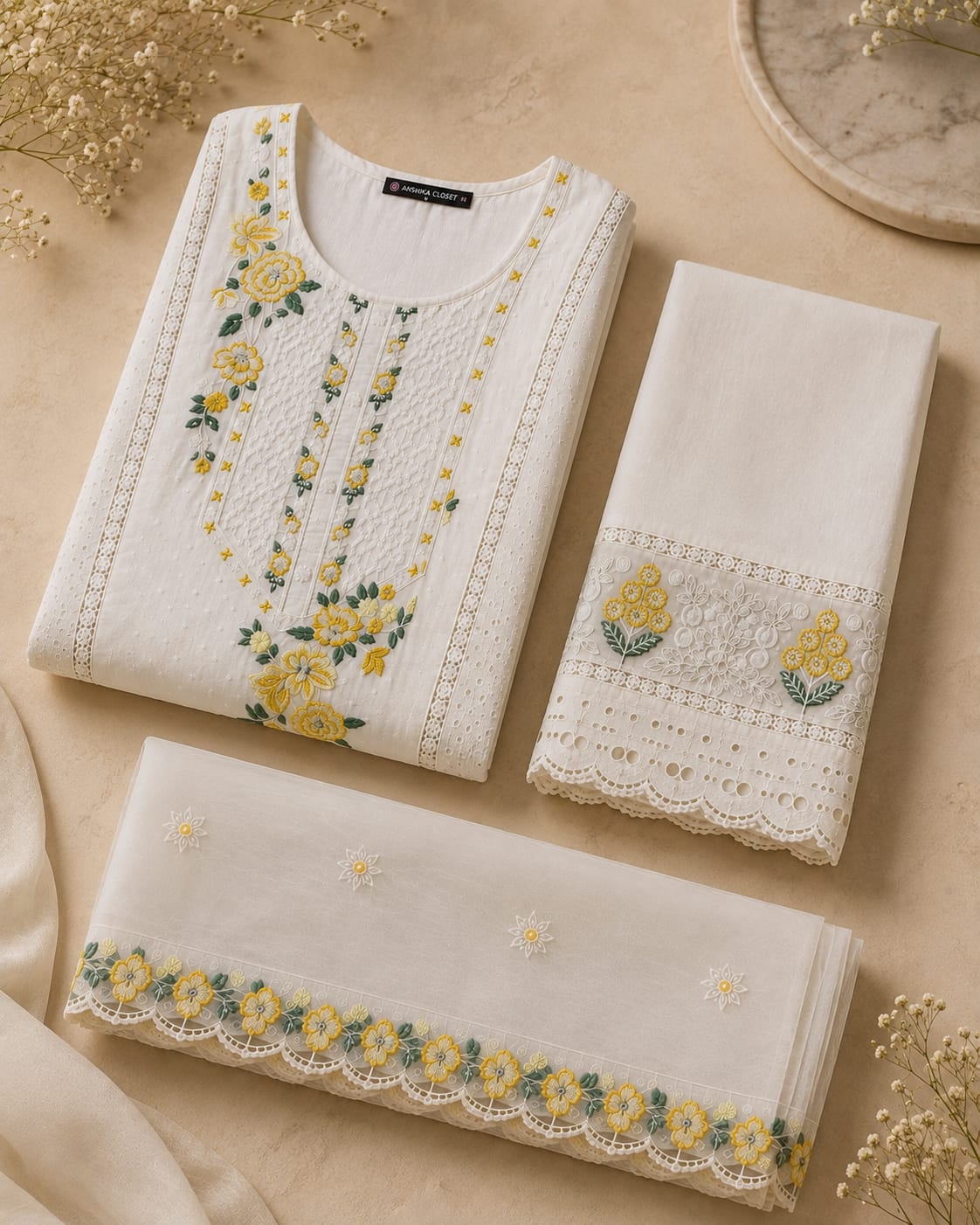 Floral Embroidered Suit Set with Dupatta