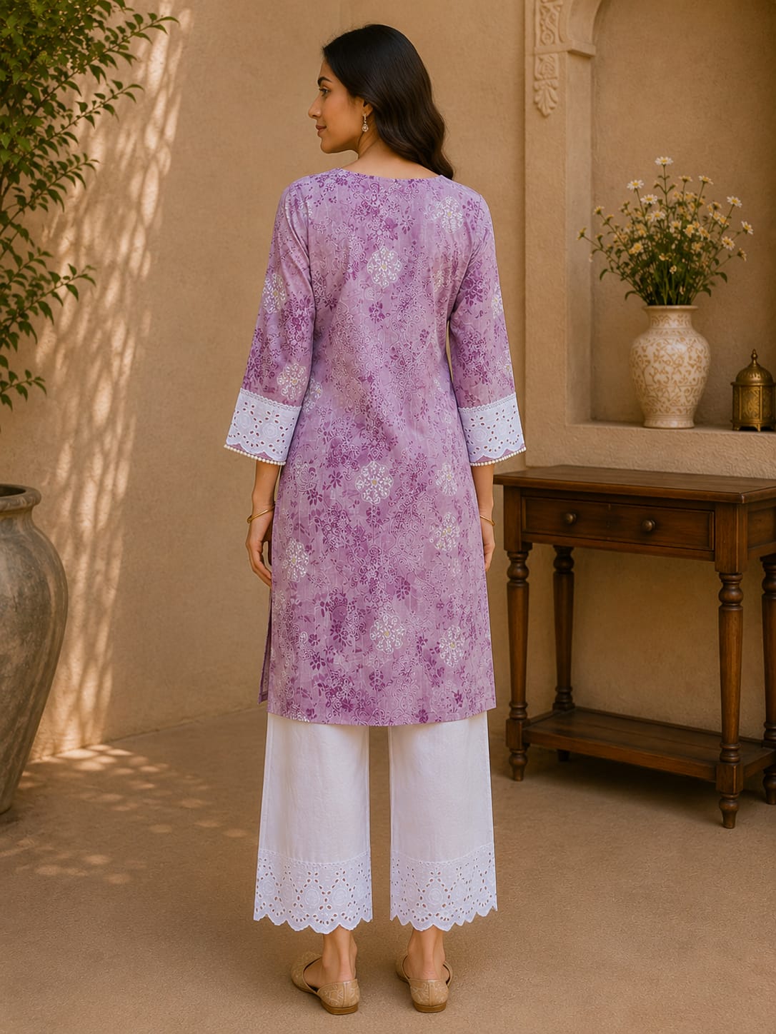 Floral Cotton Kurta Set with Lace