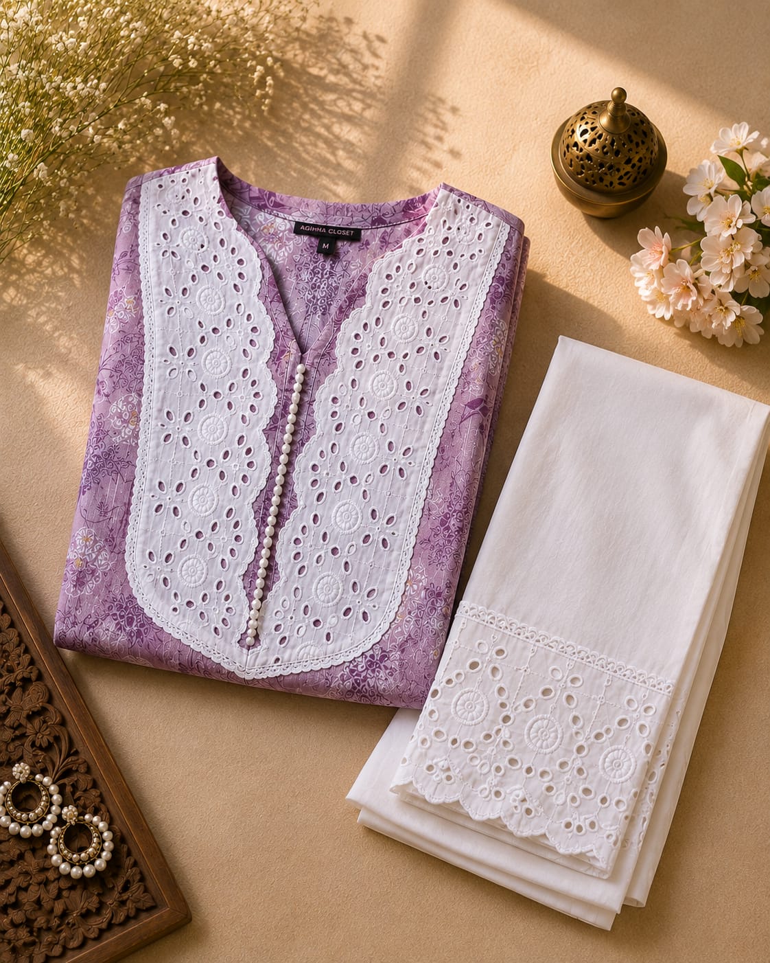 Floral Cotton Kurta Set with Lace