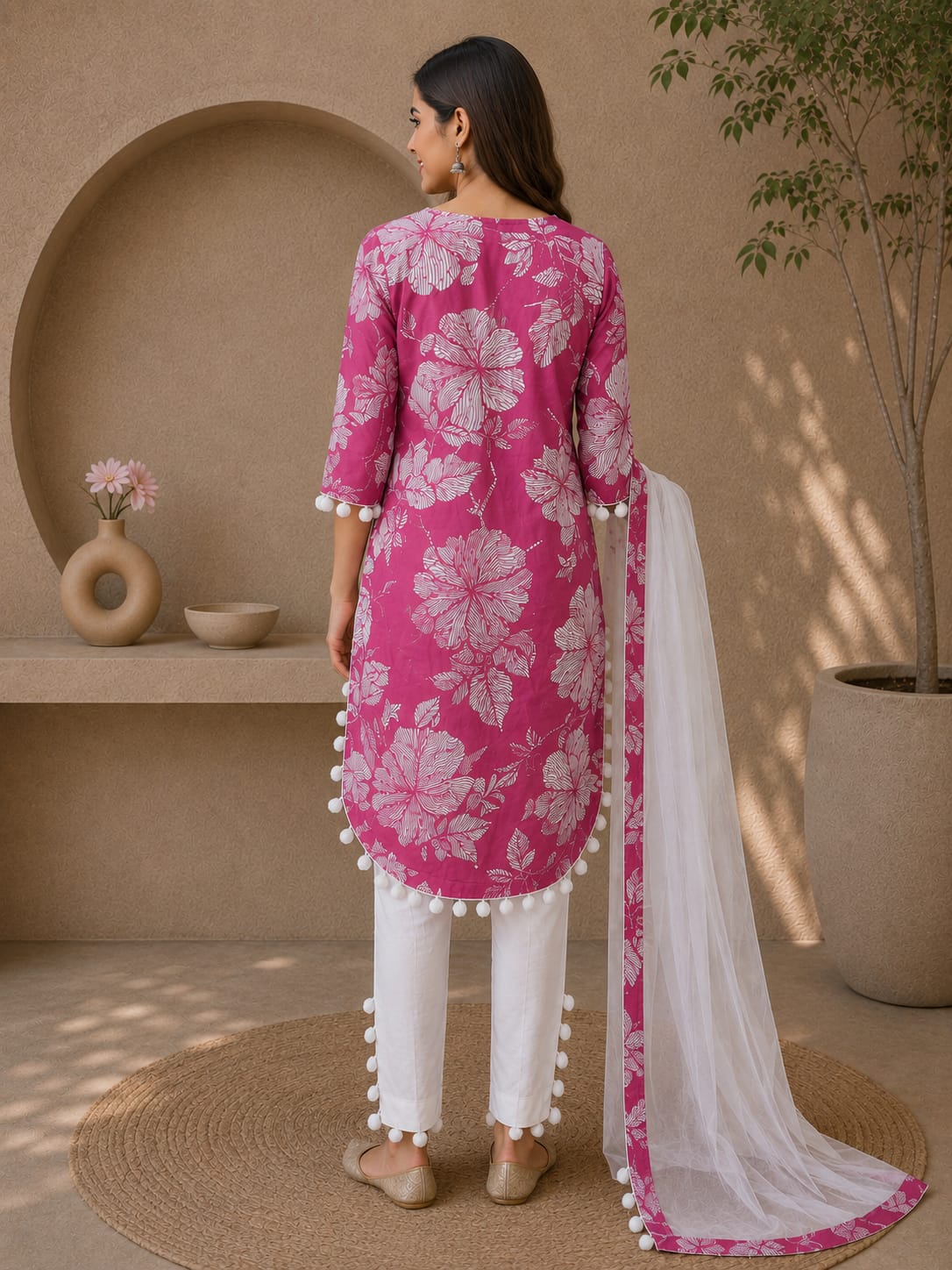 Pink Floral Printed Kurti Set with Dupatta