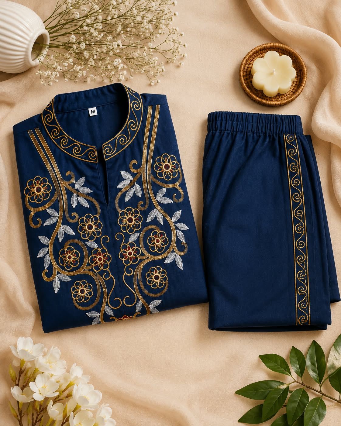 Navy Blue Floral Embroidered Co-ord Set