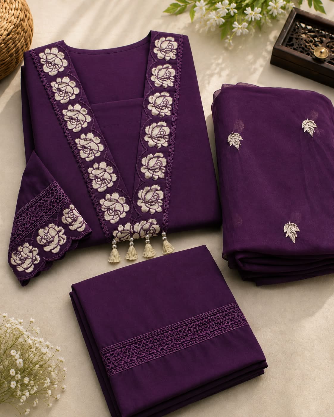Elegant Embroidered Cotton Suit Set with Dupatta